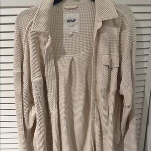 Aerie Beige Waffle Knit Button-Up